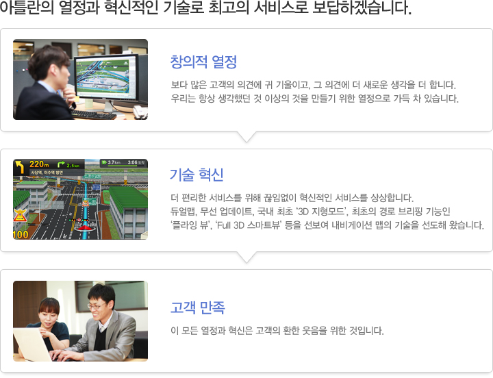 아틀란의 열정과 혁신적인 기술로 최고의 서비스로 보답하겠습니다. - 창의적 열정/기술 혁신/고객 만족